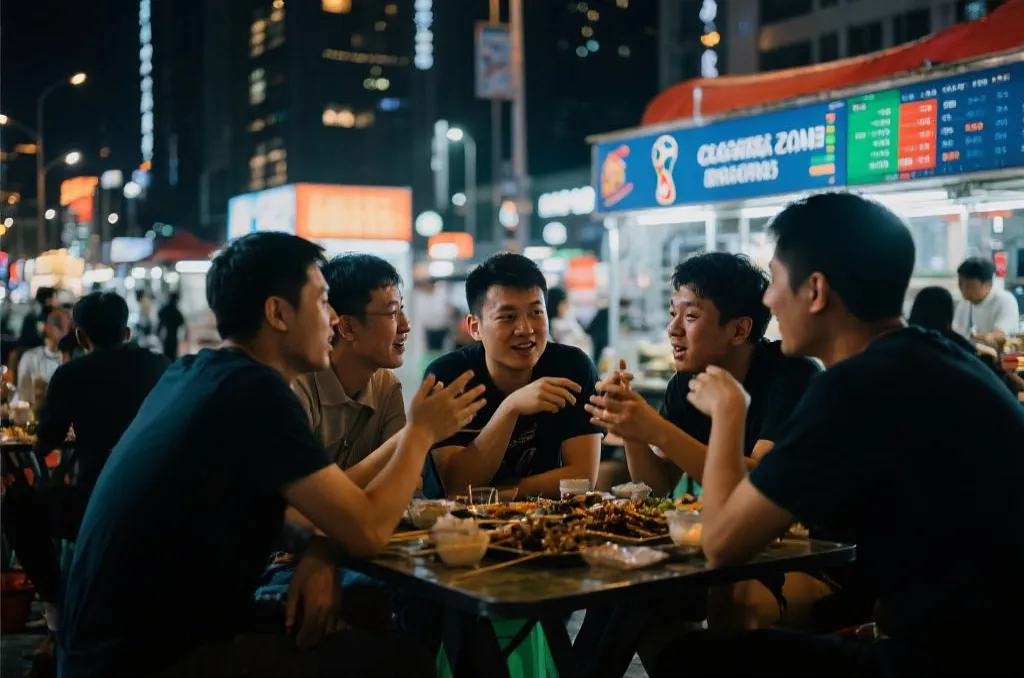 朋友围坐在夜宵摊前讨论世界杯比分和赛后数据，氛围热烈